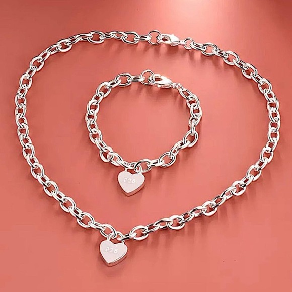 Sterling Silver Heart Lock Pendant Necklace Bracelet Set - Picture 1 of 6